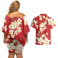 Hawaii Hibiscus Plumeria Red Couples Matching Off Shoulder Short Dress and Hawaiian Shirt Polynesian Pattern