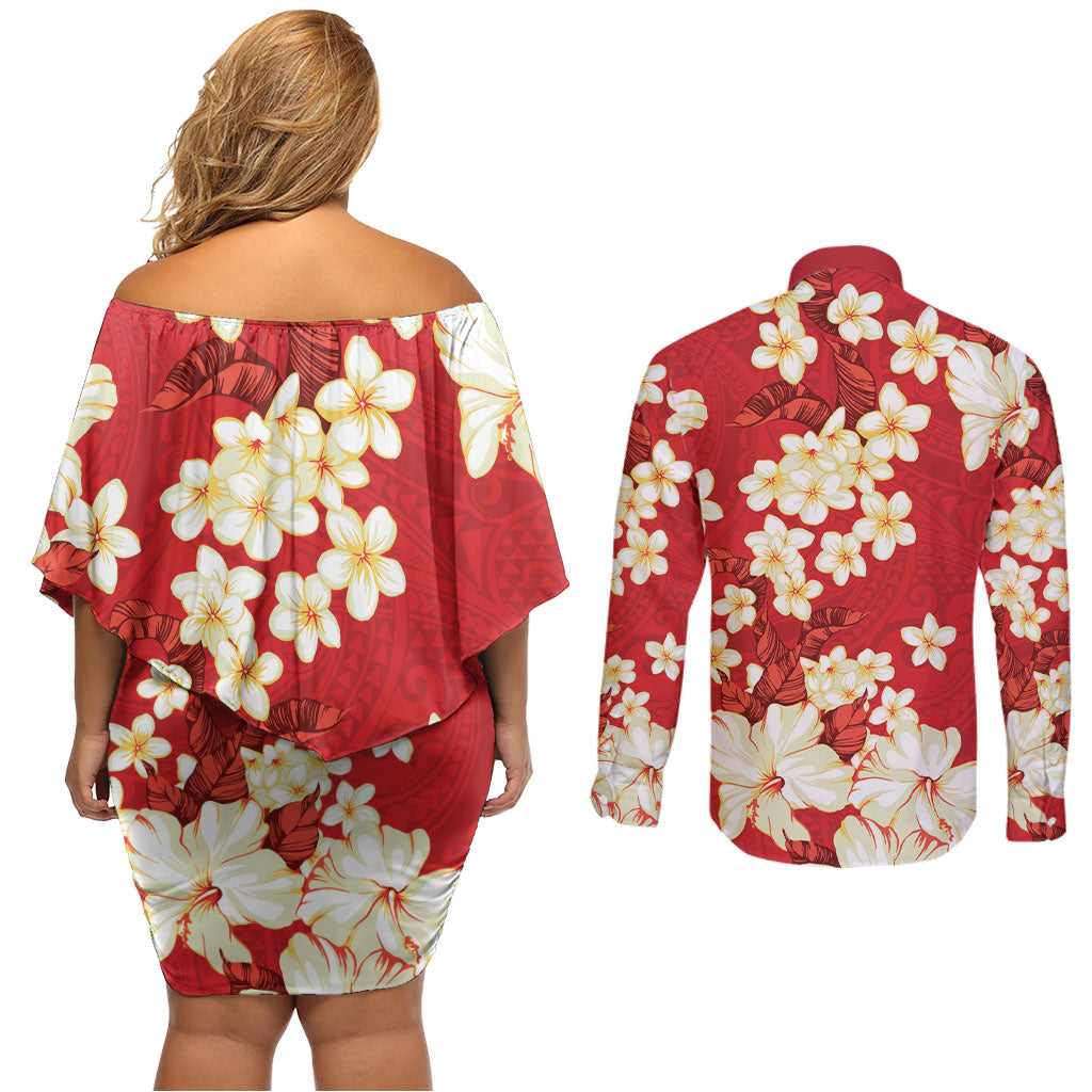 Hawaii Hibiscus Plumeria Red Couples Matching Off Shoulder Short Dress and Long Sleeve Button Shirt Polynesian Pattern