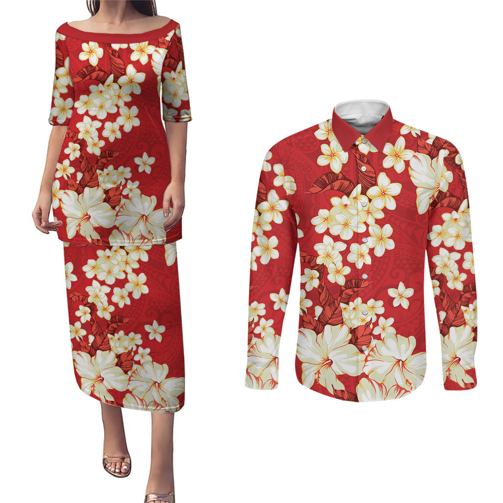 Hawaii Hibiscus Plumeria Red Couples Matching Puletasi and Long Sleeve Button Shirt Polynesian Pattern