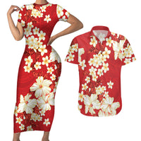 Hawaii Hibiscus Plumeria Red Couples Matching Short Sleeve Bodycon Dress and Hawaiian Shirt Polynesian Pattern
