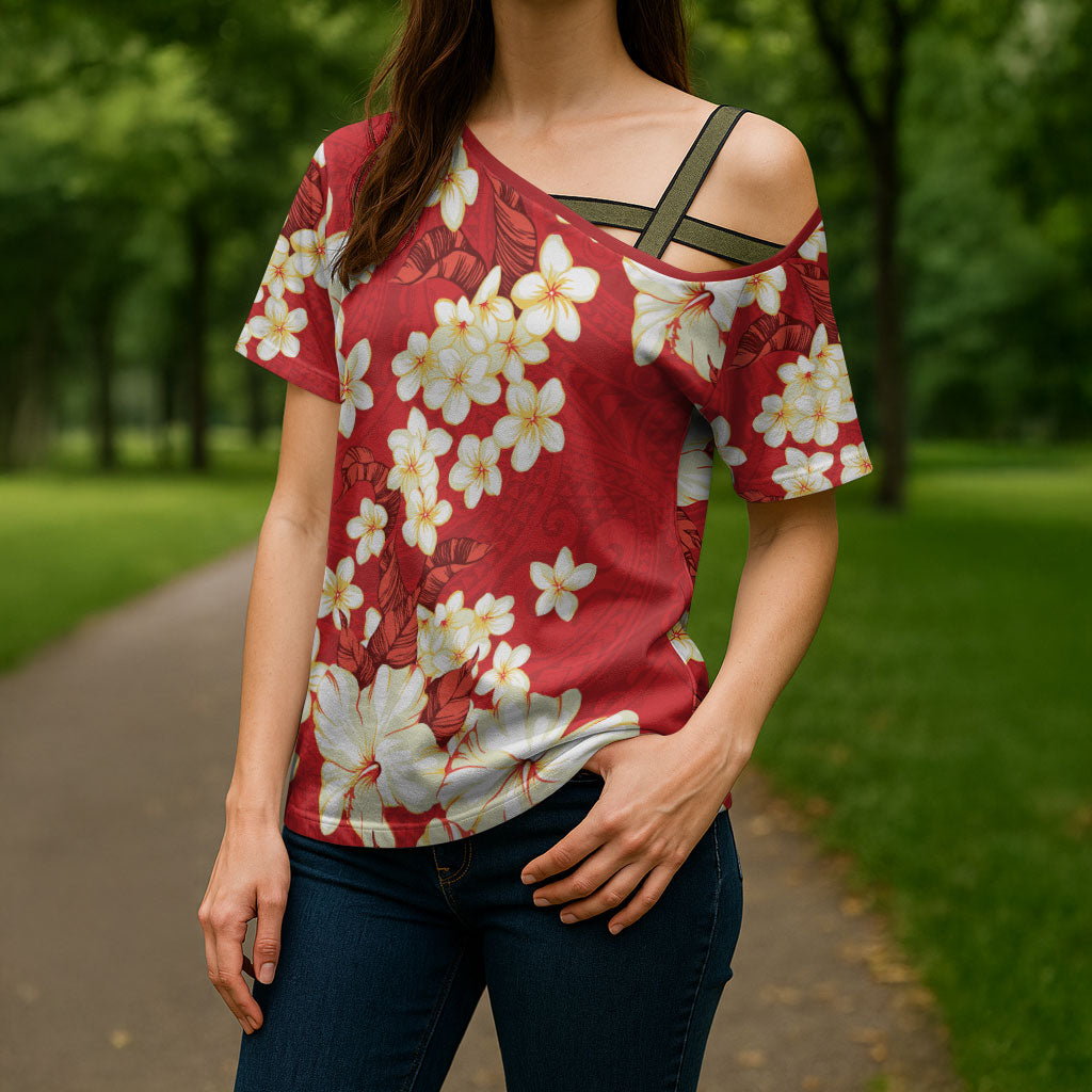 Hawaii Hibiscus Plumeria Red Cross Shoulder Shirt Polynesian Pattern