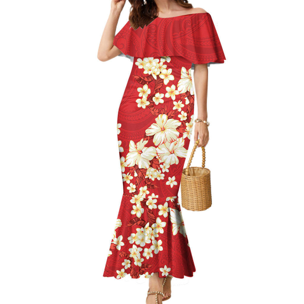 Hawaii Hibiscus Plumeria Red Family Matching Mermaid Dress and Hawaiian Shirt Polynesian Pattern LT01 Mom's Dress Red - Polynesian Pride