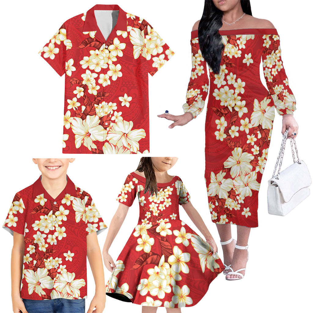 Hawaii Hibiscus Plumeria Red Family Matching Off The Shoulder Long Sleeve Dress and Hawaiian Shirt Polynesian Pattern LT01 - Polynesian Pride