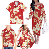 Hawaii Hibiscus Plumeria Red Family Matching Off The Shoulder Long Sleeve Dress and Hawaiian Shirt Polynesian Pattern LT01 - Polynesian Pride