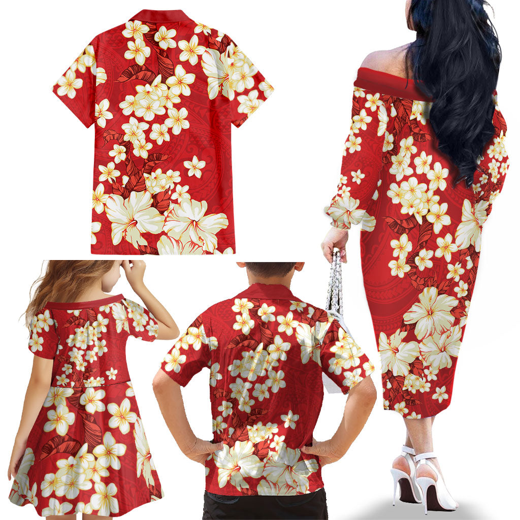 Hawaii Hibiscus Plumeria Red Family Matching Off The Shoulder Long Sleeve Dress and Hawaiian Shirt Polynesian Pattern LT01 - Polynesian Pride