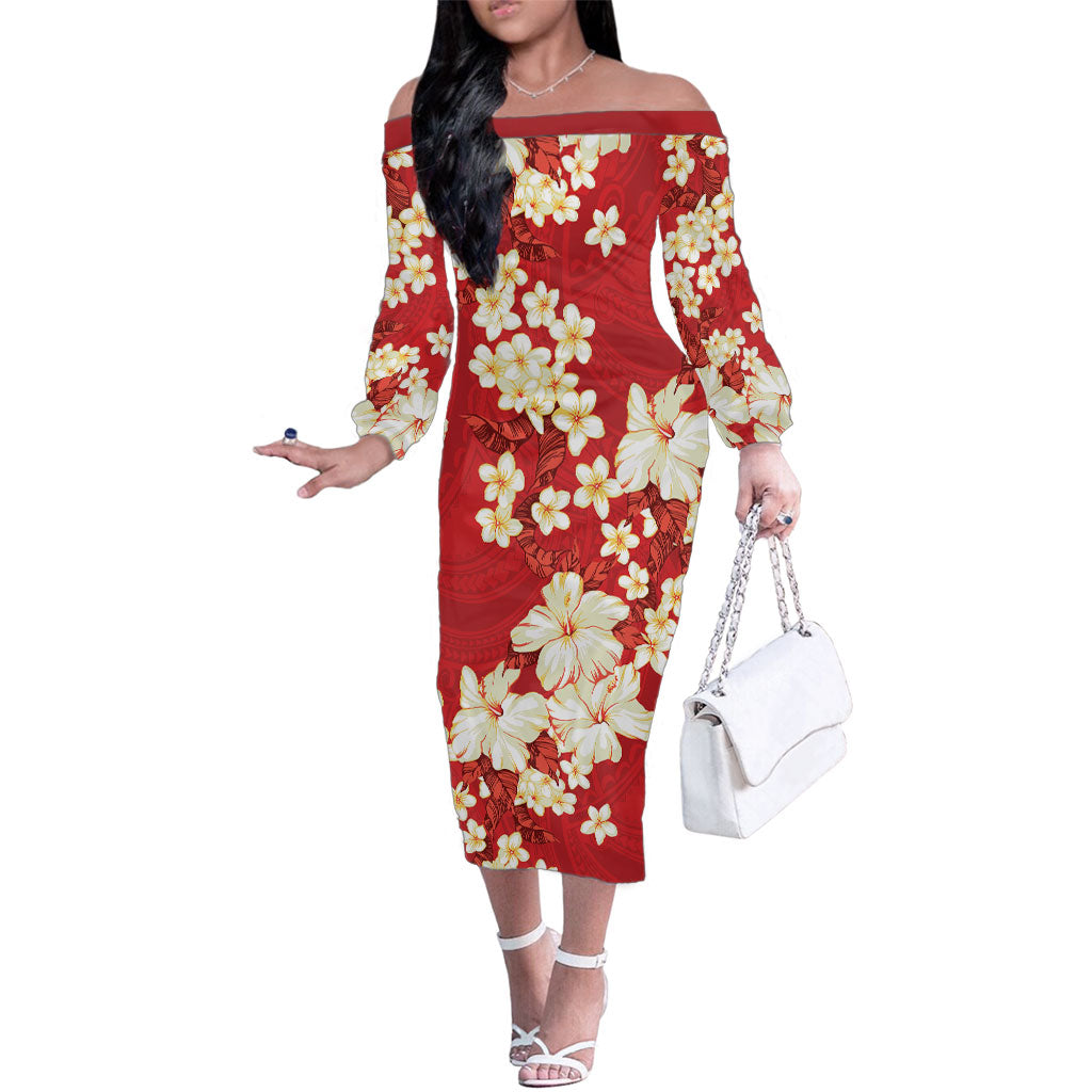 Hawaii Hibiscus Plumeria Red Family Matching Off The Shoulder Long Sleeve Dress and Hawaiian Shirt Polynesian Pattern LT01 Mom's Dress Red - Polynesian Pride