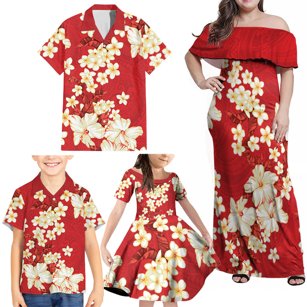 Hawaii Hibiscus Plumeria Red Family Matching Off Shoulder Maxi Dress and Hawaiian Shirt Polynesian Pattern LT01 - Polynesian Pride