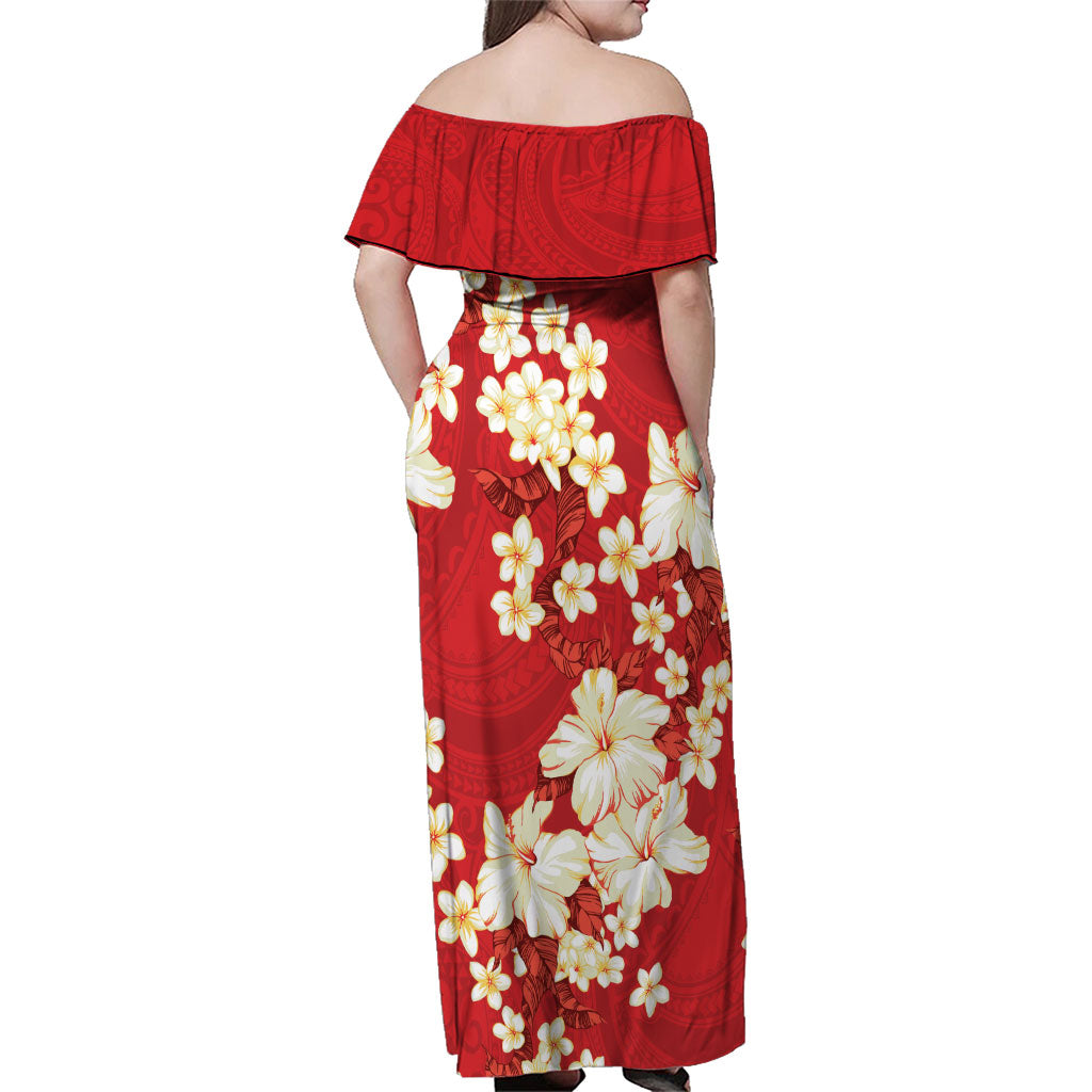 Hawaii Hibiscus Plumeria Red Family Matching Off Shoulder Maxi Dress and Hawaiian Shirt Polynesian Pattern LT01 - Polynesian Pride