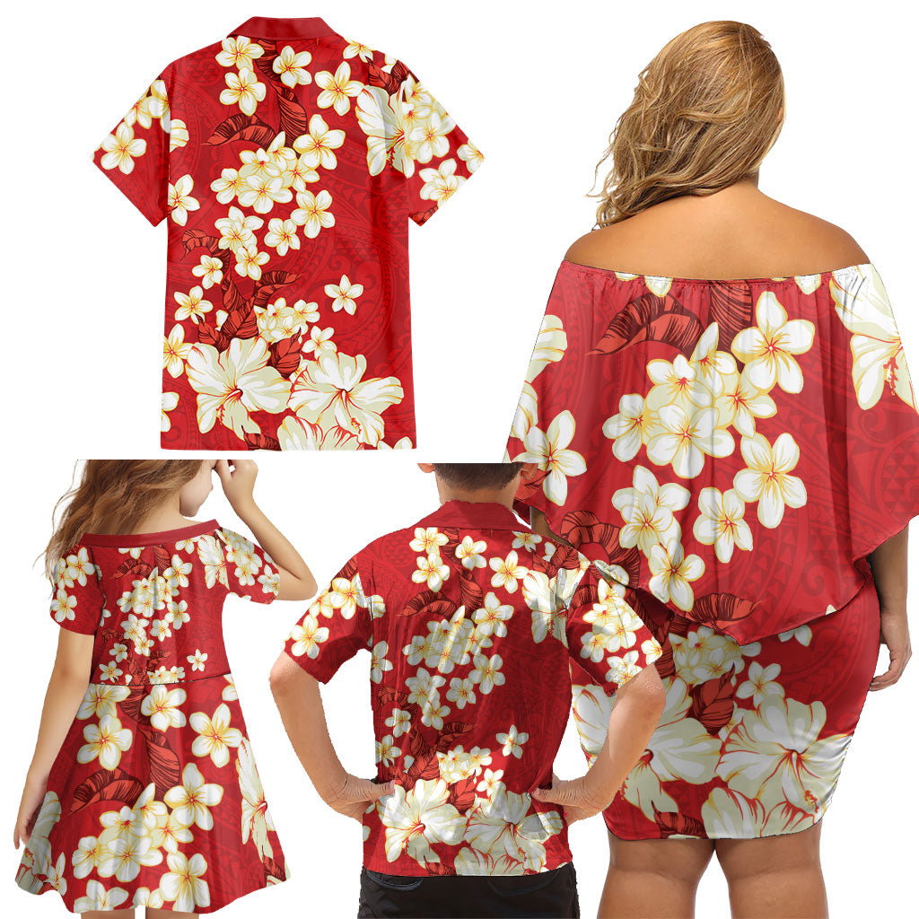 Hawaii Hibiscus Plumeria Red Family Matching Off Shoulder Short Dress and Hawaiian Shirt Polynesian Pattern LT01 - Polynesian Pride