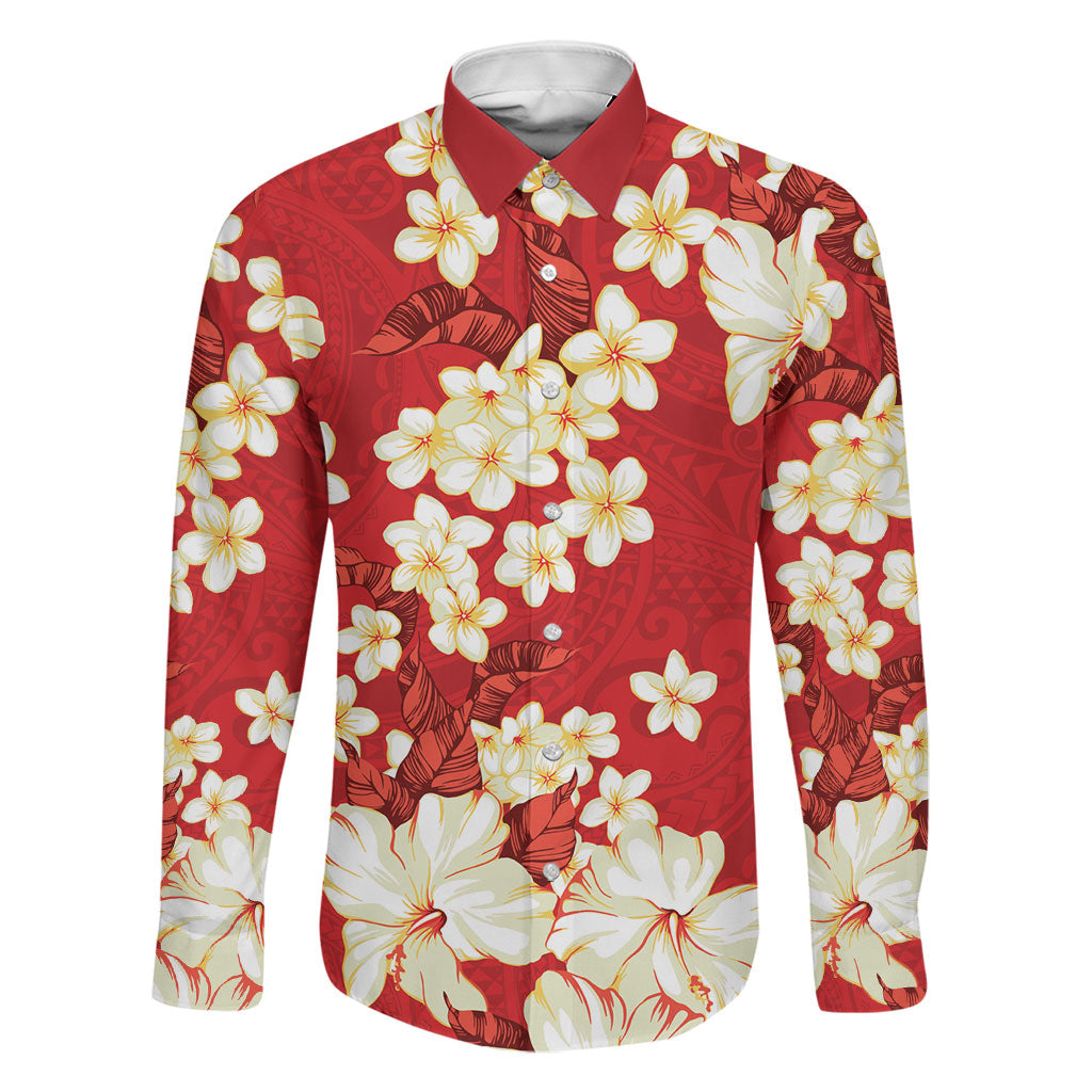 Hawaii Hibiscus Plumeria Red Family Matching Off Shoulder Short Dress and Hawaiian Shirt Polynesian Pattern LT01 Dad's Shirt - Long Sleeve Red - Polynesian Pride
