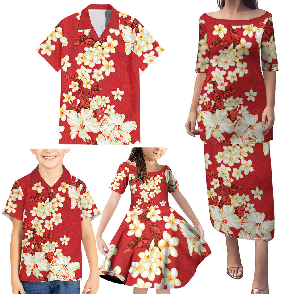 Hawaii Hibiscus Plumeria Red Family Matching Puletasi and Hawaiian Shirt Polynesian Pattern