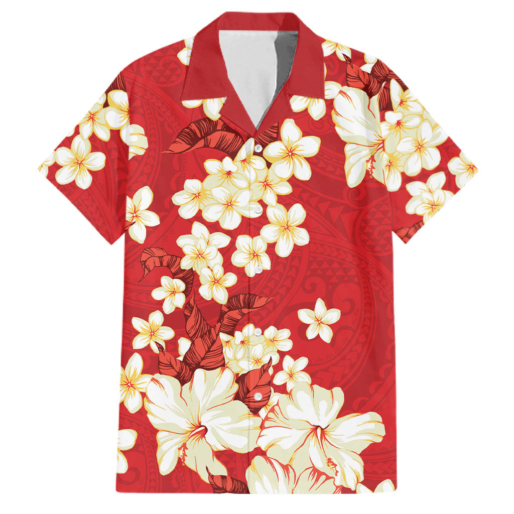 Hawaii Hibiscus Plumeria Red Family Matching Puletasi and Hawaiian Shirt Polynesian Pattern