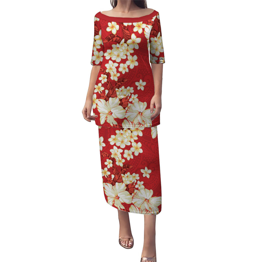 Hawaii Hibiscus Plumeria Red Family Matching Puletasi and Hawaiian Shirt Polynesian Pattern