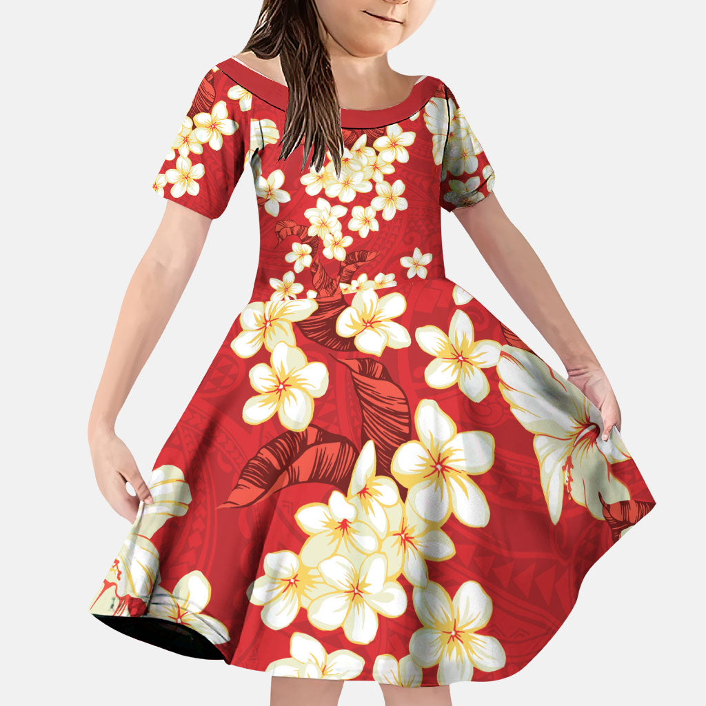 Hawaii Hibiscus Plumeria Red Family Matching Short Sleeve Bodycon Dress and Hawaiian Shirt Polynesian Pattern LT01 Daughter's Dress Red - Polynesian Pride