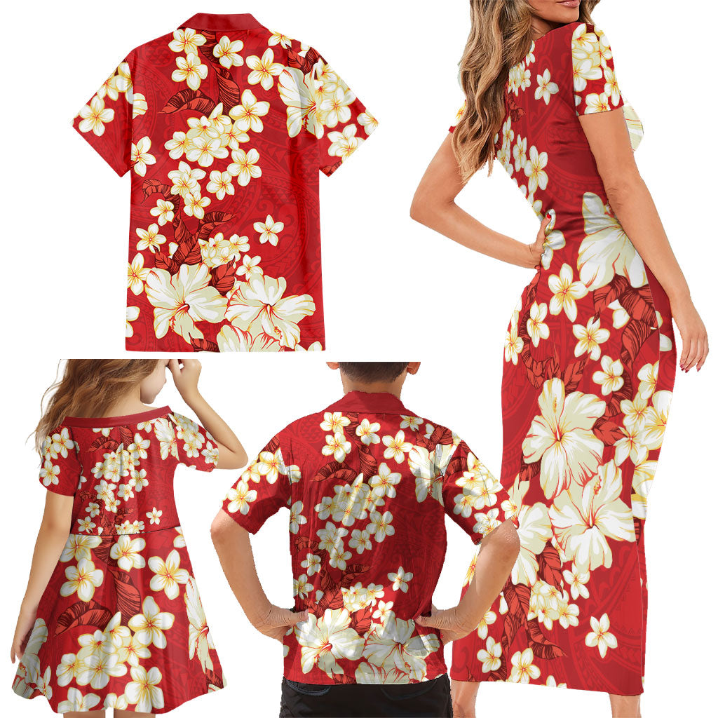 Hawaii Hibiscus Plumeria Red Family Matching Short Sleeve Bodycon Dress and Hawaiian Shirt Polynesian Pattern LT01 - Polynesian Pride