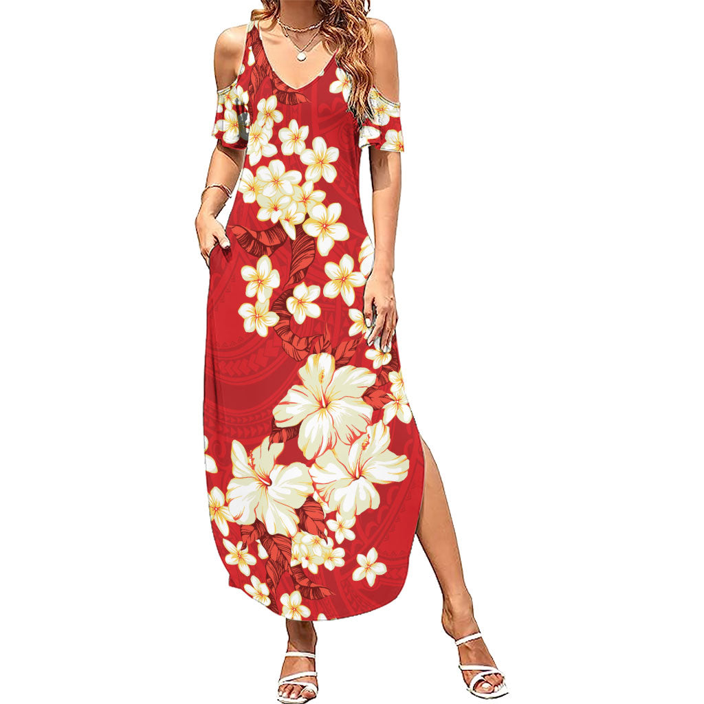 Hawaii Hibiscus Plumeria Red Family Matching Summer Maxi Dress and Hawaiian Shirt Polynesian Pattern LT01 Mom's Dress Red - Polynesian Pride