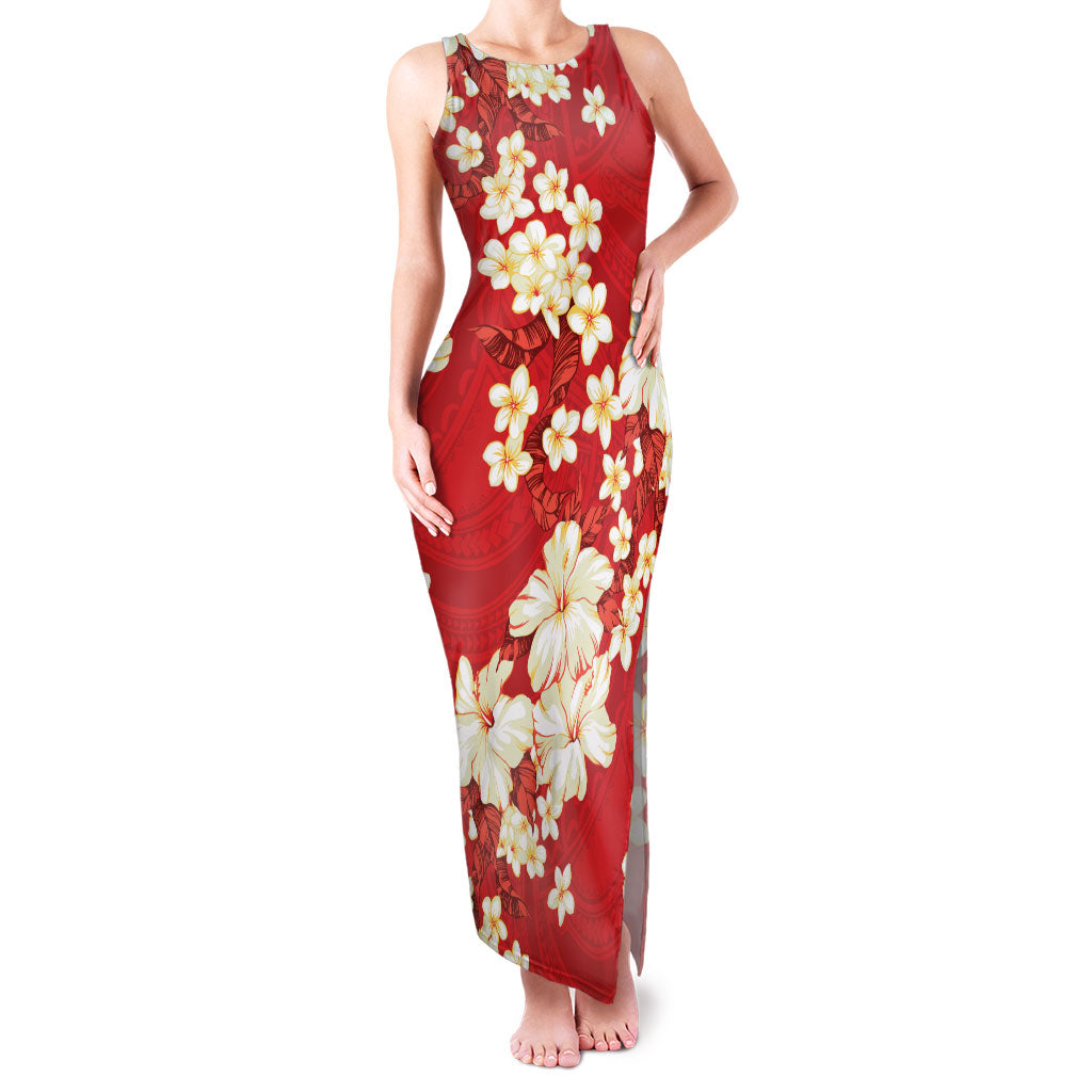 Hawaii Hibiscus Plumeria Red Family Matching Tank Maxi Dress and Hawaiian Shirt Polynesian Pattern LT01 Mom's Dress Red - Polynesian Pride