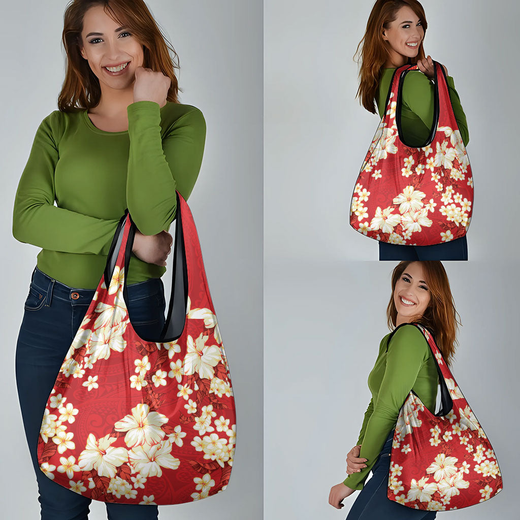 Hawaii Hibiscus Plumeria Red Grocery Bag Polynesian Pattern