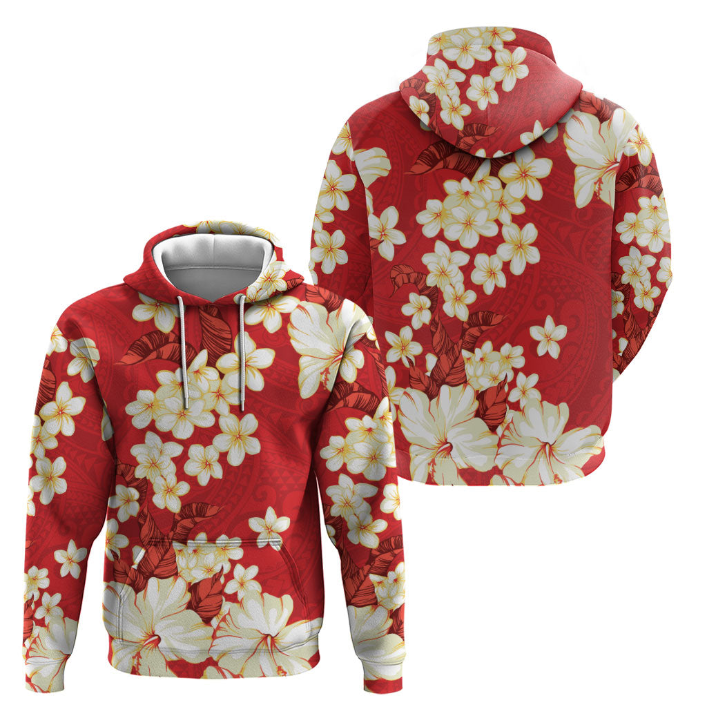 Hawaii Hibiscus Plumeria Red Hoodie Polynesian Pattern