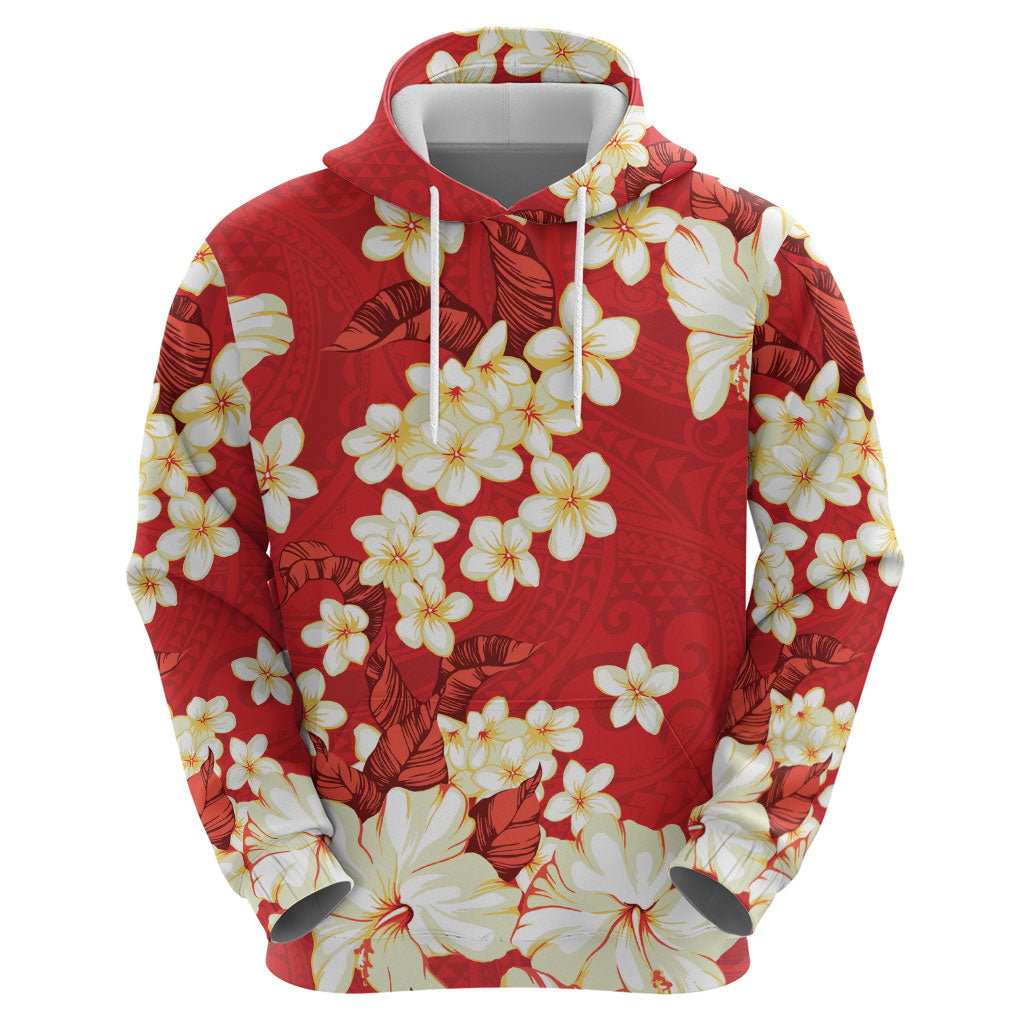 Hawaii Hibiscus Plumeria Red Hoodie Polynesian Pattern