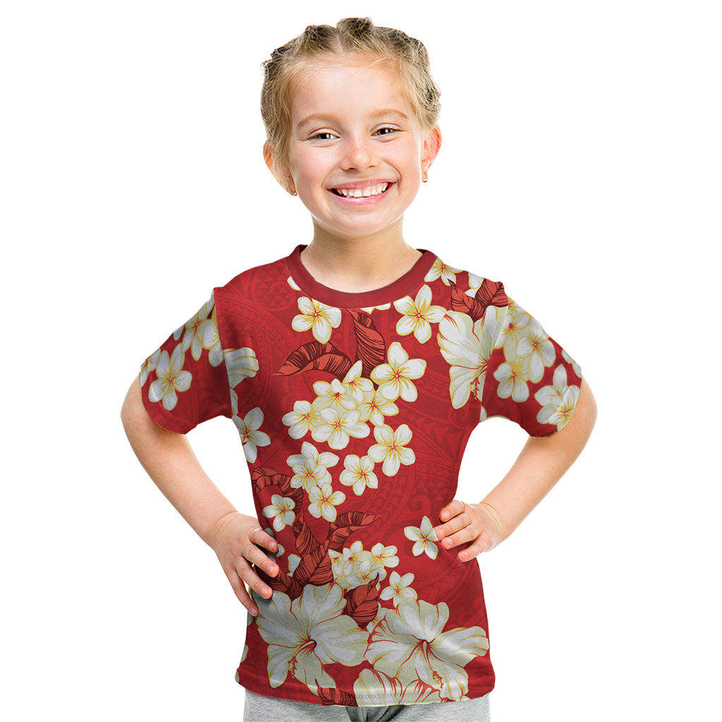 Hawaii Hibiscus Plumeria Red Kid T Shirt Polynesian Pattern
