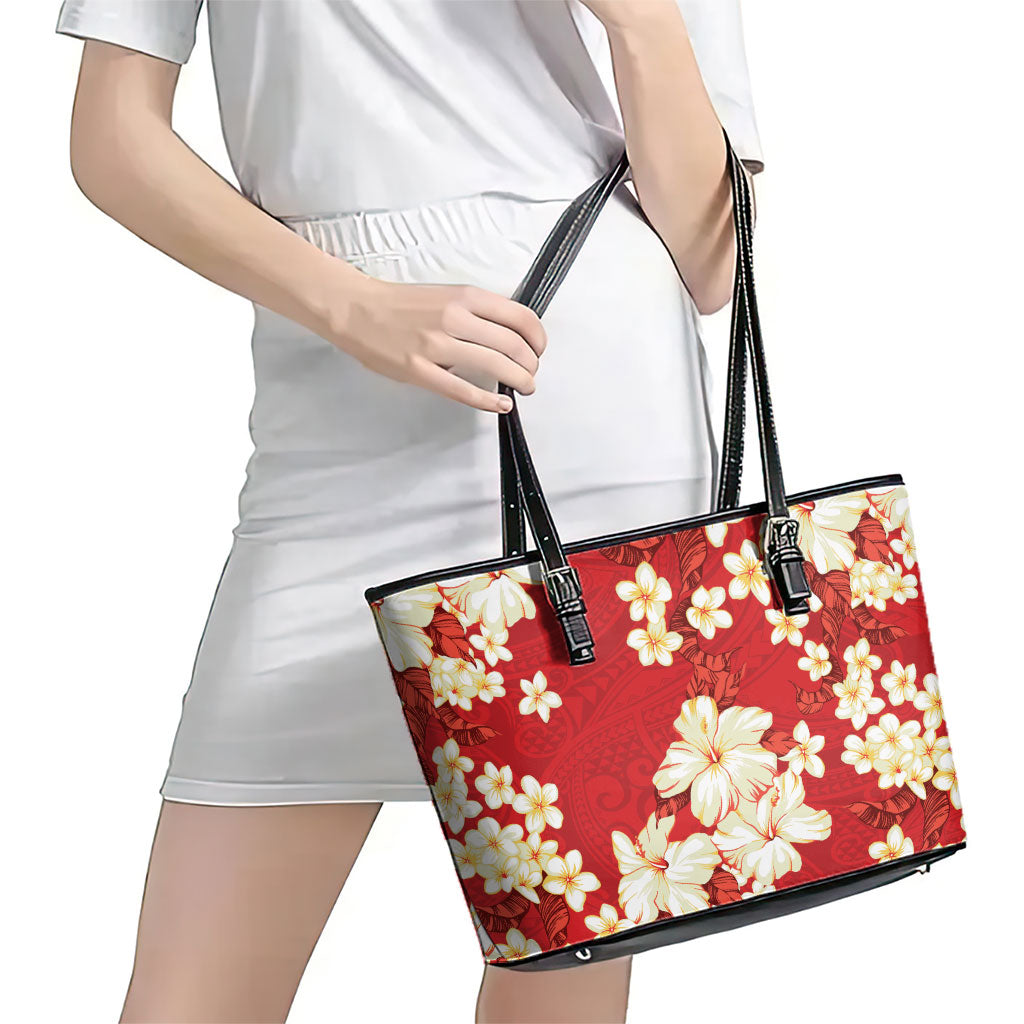 Hawaii Hibiscus Plumeria Red Leather Tote Bag Polynesian Pattern