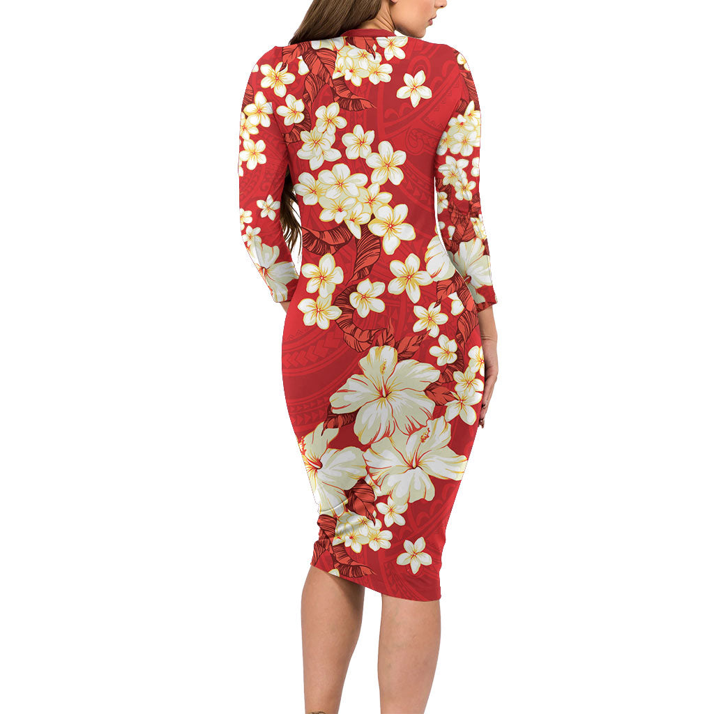 Hawaii Hibiscus Plumeria Red Long Sleeve Bodycon Dress Polynesian Pattern