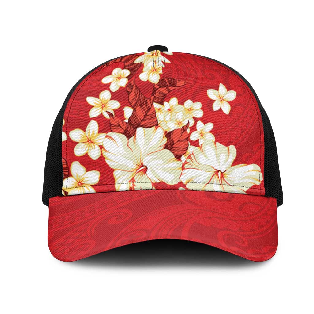 Hawaii Hibiscus Plumeria Red Mesh Trucker Cap Polynesian Pattern