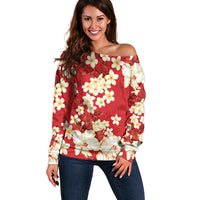 Hawaii Hibiscus Plumeria Red Off Shoulder Sweater Polynesian Pattern