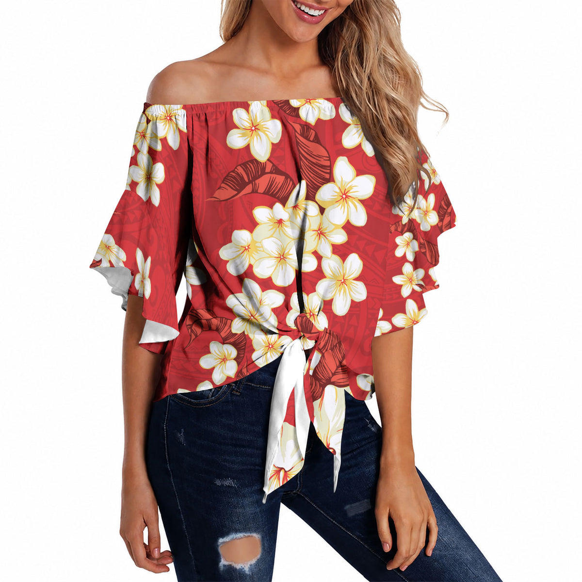 Hawaii Hibiscus Plumeria Red Off Shoulder Wrap Waist Top Polynesian Pattern LT01 - Polynesian Pride