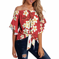 Hawaii Hibiscus Plumeria Red Off Shoulder Wrap Waist Top Polynesian Pattern LT01 - Polynesian Pride