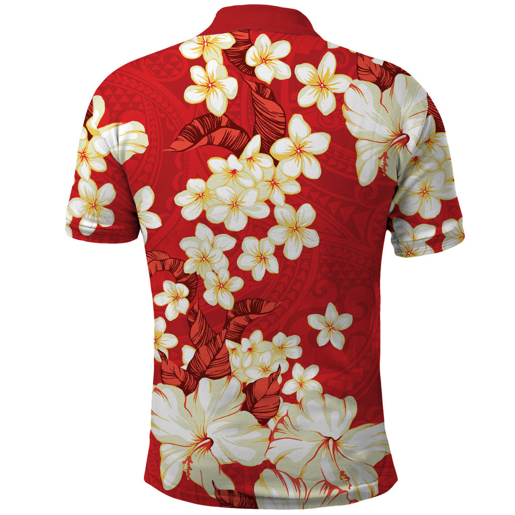 Hawaii Hibiscus Plumeria Red Polo Shirt Polynesian Pattern