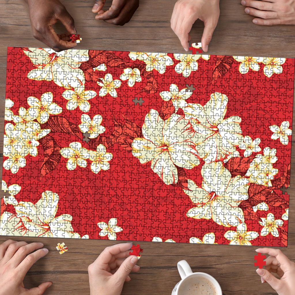 Hawaii Hibiscus Plumeria Red Puzzle Polynesian Pattern