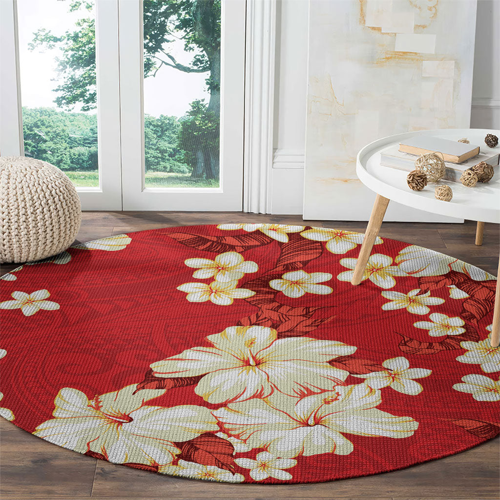 Hawaii Hibiscus Plumeria Red Round Carpet Polynesian Pattern
