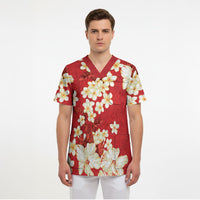 Hawaii Hibiscus Plumeria Red Scrub Top Polynesian Pattern