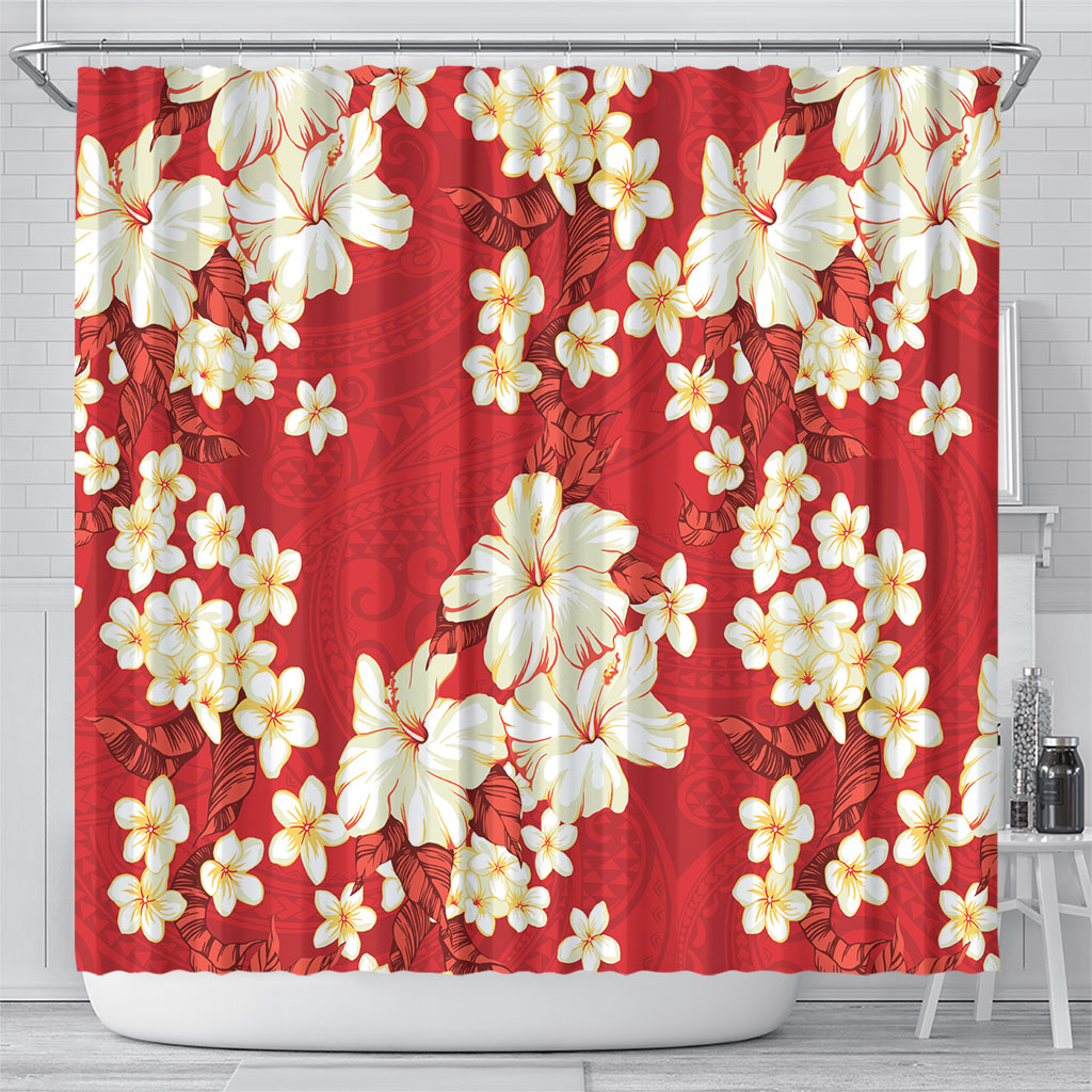 Hawaii Hibiscus Plumeria Red Shower Curtain Polynesian Pattern