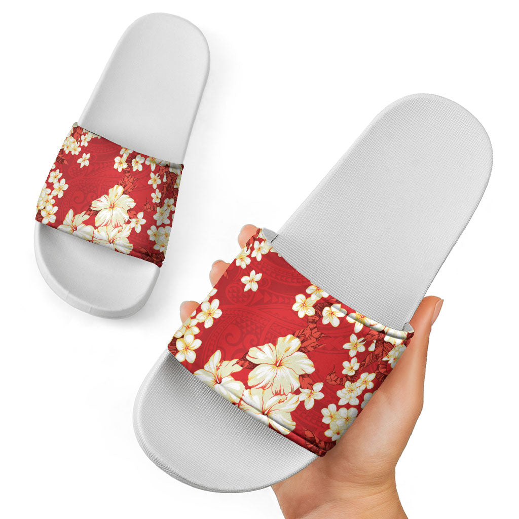 Hawaii Hibiscus Plumeria Red Slide Sandals Polynesian Pattern