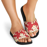 Hawaii Hibiscus Plumeria Red Slide Sandals Polynesian Pattern