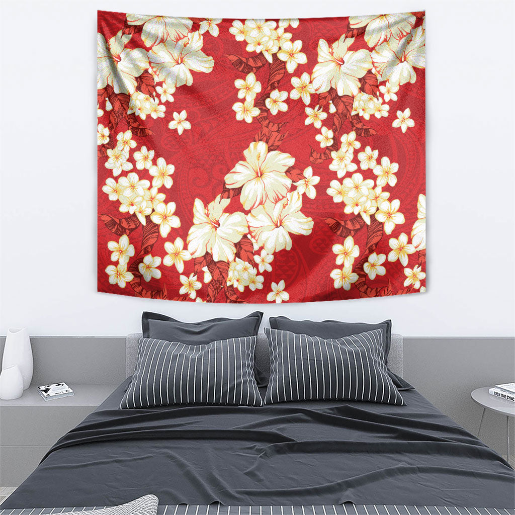 Hawaii Hibiscus Plumeria Red Tapestry Polynesian Pattern