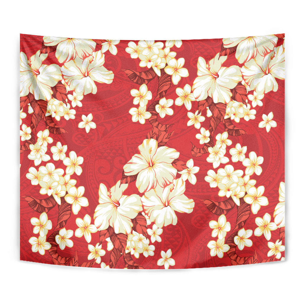 Hawaii Hibiscus Plumeria Red Tapestry Polynesian Pattern