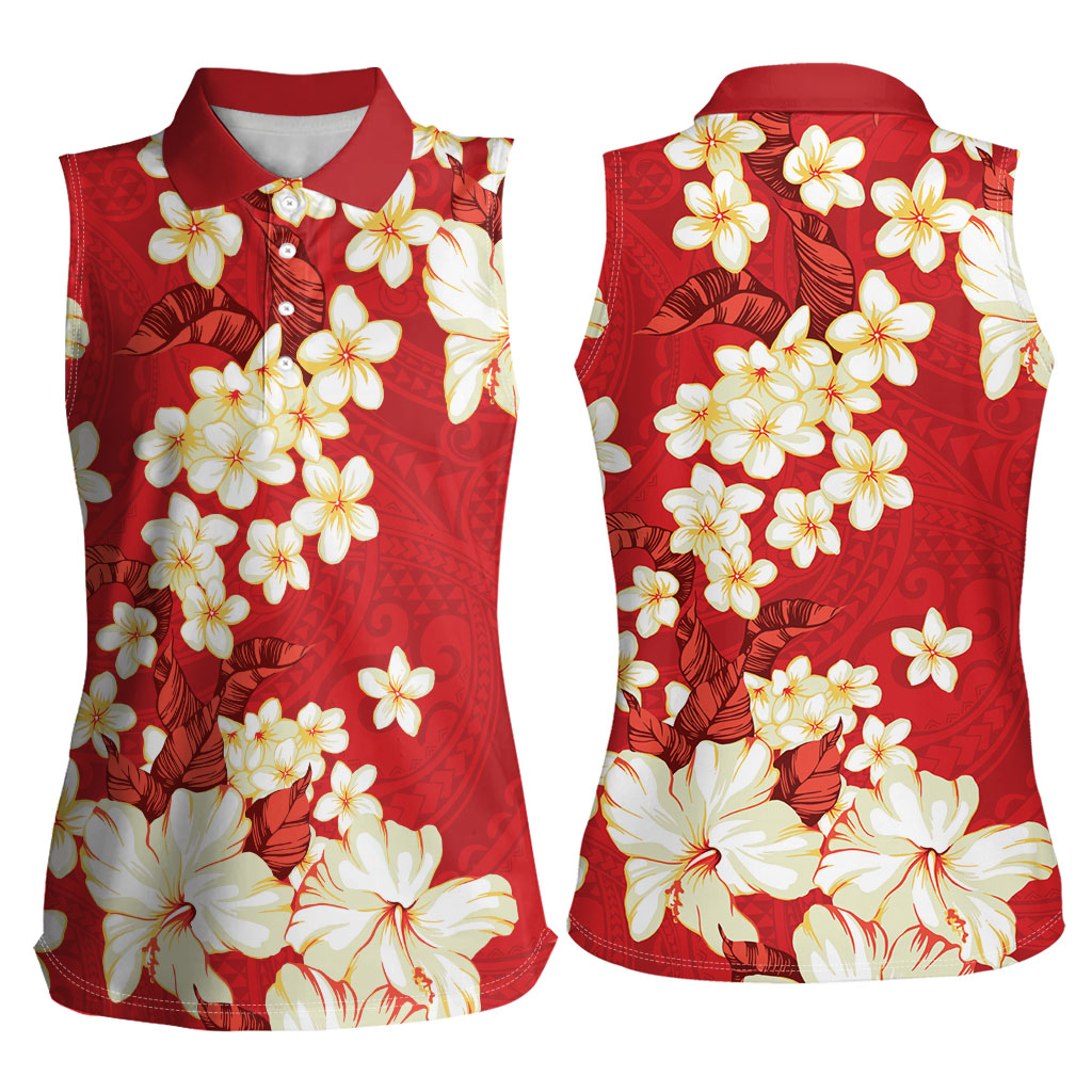 Hawaii Hibiscus Plumeria Red Women Sleeveless Polo Shirt Polynesian Pattern