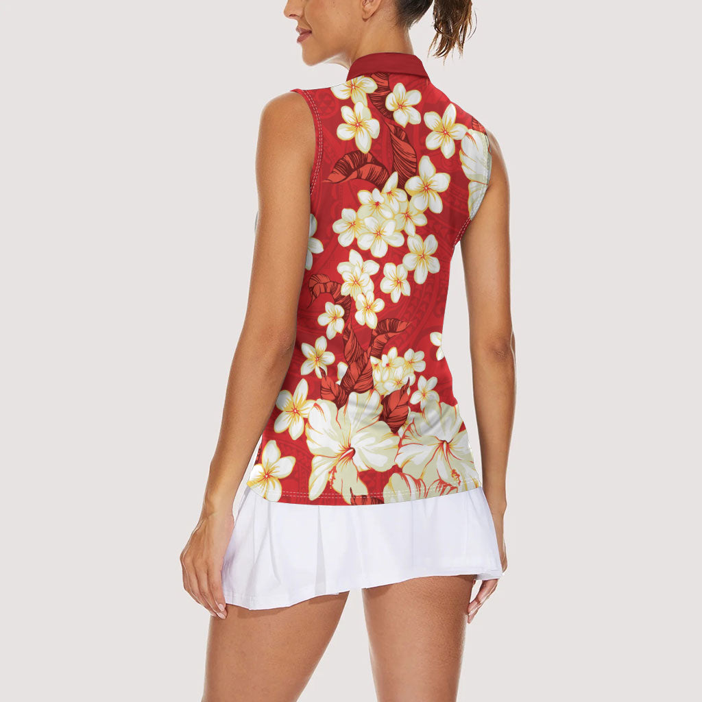 Hawaii Hibiscus Plumeria Red Women Sleeveless Polo Shirt Polynesian Pattern