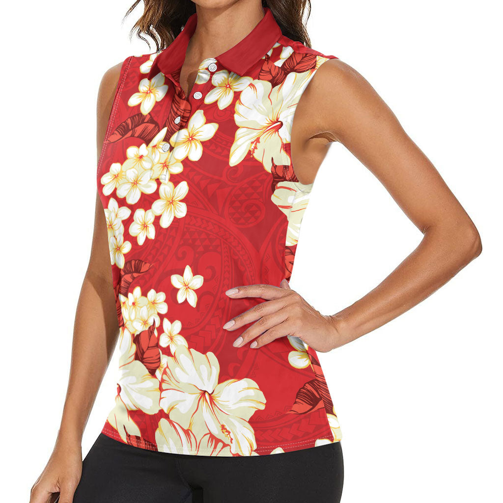 Hawaii Hibiscus Plumeria Red Women Sleeveless Polo Shirt Polynesian Pattern