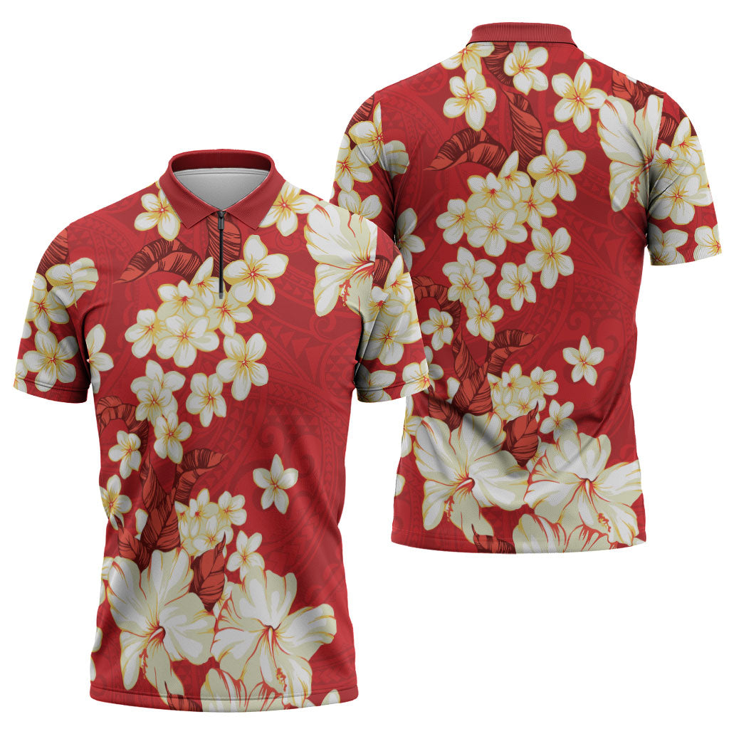 Hawaii Hibiscus Plumeria Red Zipper Polo Shirt Polynesian Pattern