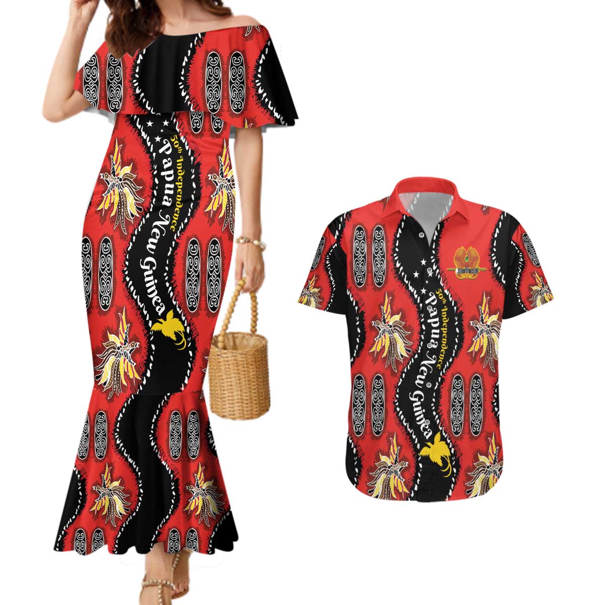 Papua New Guinea 50th Independence Couples Matching Mermaid Dress and Hawaiian Shirt PNG Batik Pattern LT01 Red - Polynesian Pride