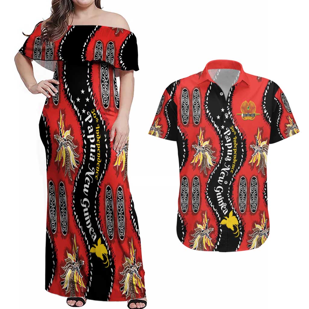 Papua New Guinea 50th Independence Couples Matching Off Shoulder Maxi Dress and Hawaiian Shirt PNG Batik Pattern LT01 Red - Polynesian Pride