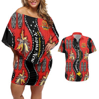 Papua New Guinea 50th Independence Couples Matching Off Shoulder Short Dress and Hawaiian Shirt PNG Batik Pattern LT01 Red - Polynesian Pride