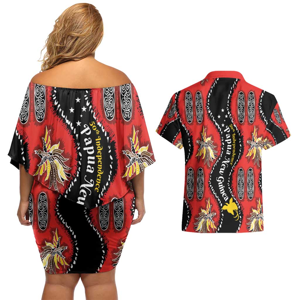 Papua New Guinea 50th Independence Couples Matching Off Shoulder Short Dress and Hawaiian Shirt PNG Batik Pattern LT01 - Polynesian Pride