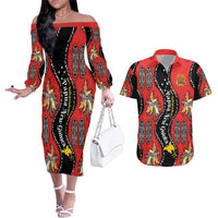 Papua New Guinea 50th Independence Couples Matching Off The Shoulder Long Sleeve Dress and Hawaiian Shirt PNG Batik Pattern LT01 Red - Polynesian Pride