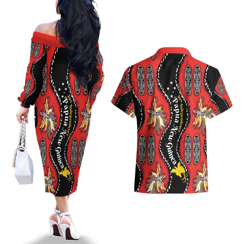Papua New Guinea 50th Independence Couples Matching Off The Shoulder Long Sleeve Dress and Hawaiian Shirt PNG Batik Pattern LT01 - Polynesian Pride